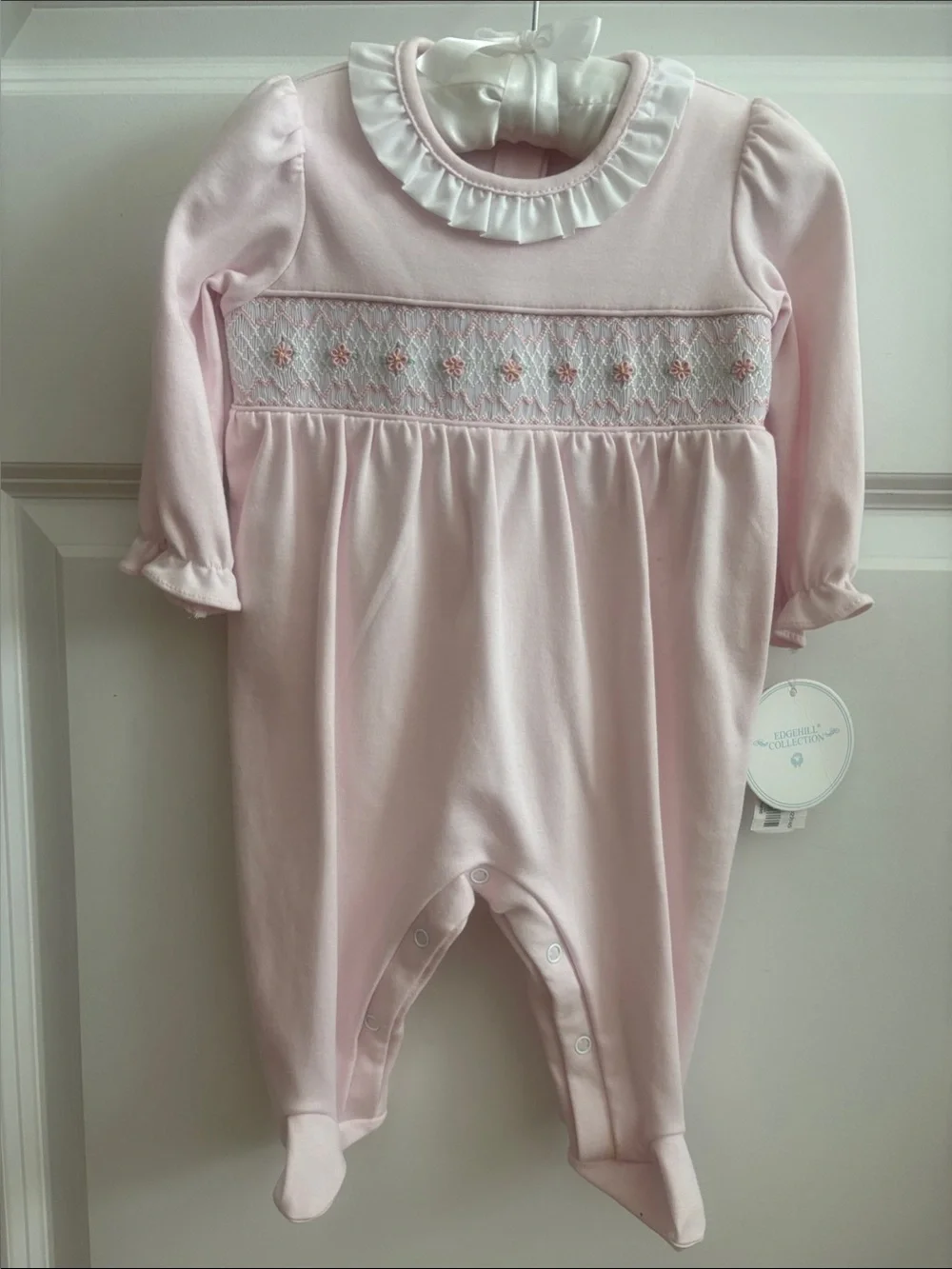 NWT baby girl Smocked Footed Romper Ruffle Collar Edgehill Collection 6m